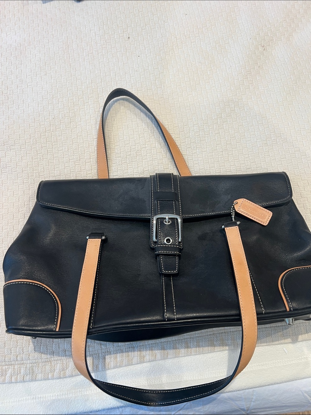 Coach Black Leather Hobo with Tan Trim and Buckle Detail